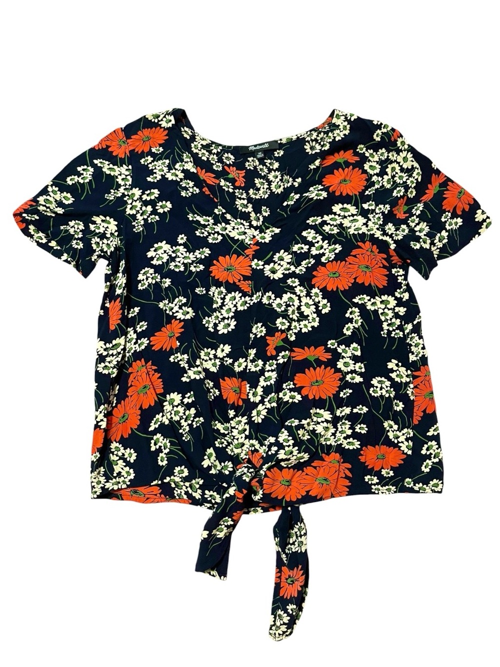 Madewell Navy Short Sleeve Tie-Front Top with Red & White Floral Print